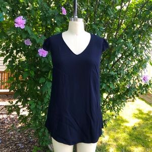 Anthropoloie Maeve Short Sleeve Navy V-Neck Blouse